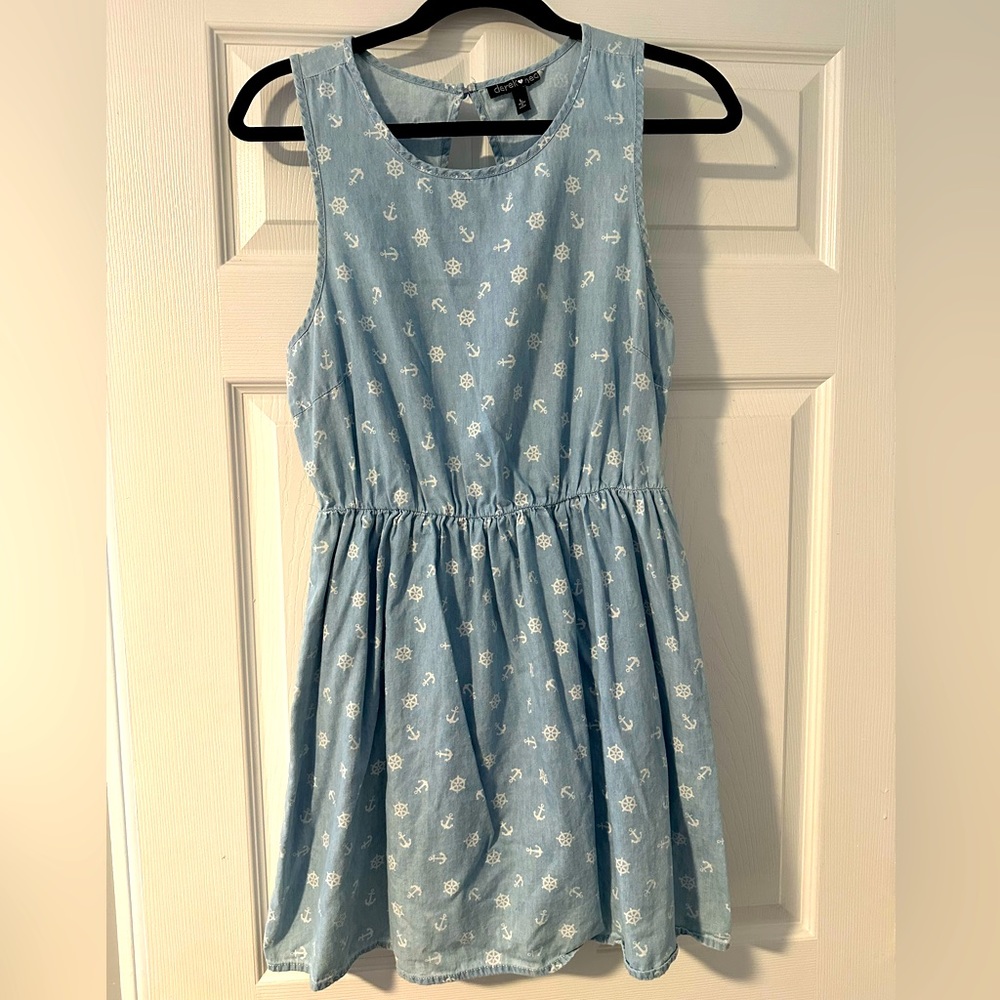 Women's Nautical Cinched Waist Light Denim Dress- Size L